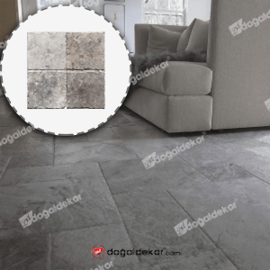 Traverten Taş Döşeme Gümüş Kenar Kırma Patinato 1.2x20x20cm -DT1553