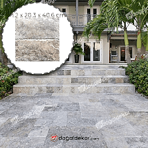 Traverten Taş Döşeme Gümüş Kenar Kırma Patinato 1.2x20x40cm -DT1554