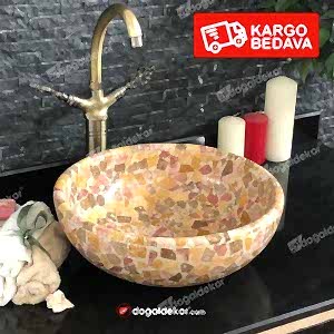 15x42cm Renkli Doğal Taş Traverten Çanak Lavabo-DT1566