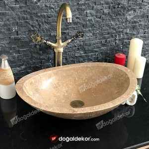12x40x53cm Ceviz Traverten Tezgah Üstü Oval Lavabo - DT1612
